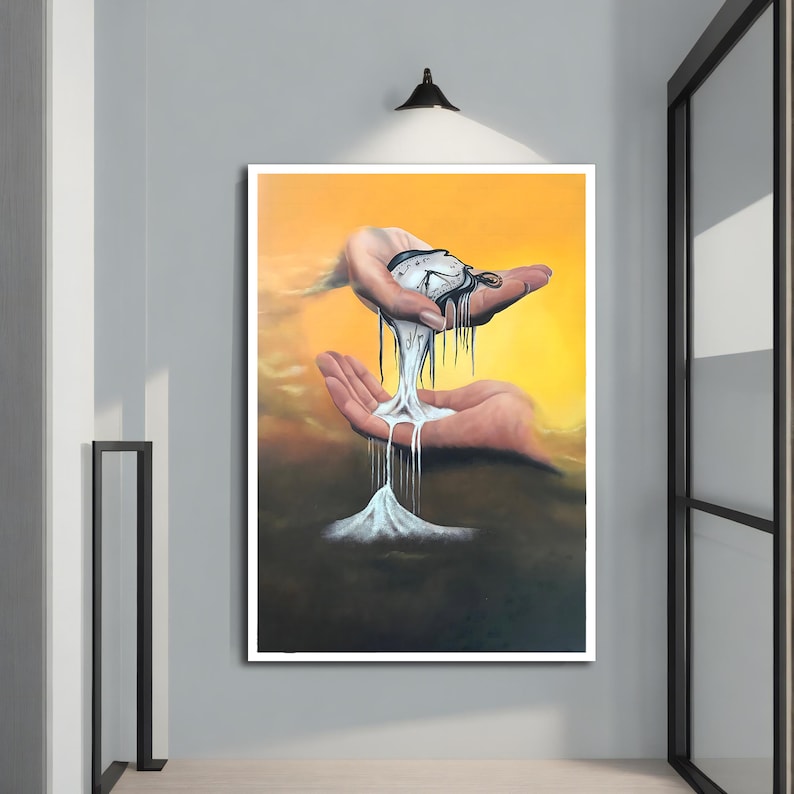 May include: A surreal painting of a hand holding a melting pocket watch, with the melted time dripping down into a pile of white sand. The background is a yellow and orange sky with clouds.