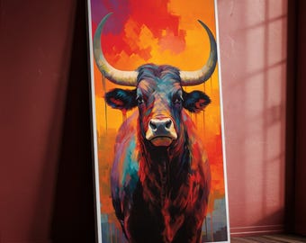 Vibrant Bull Portrait Canvas, Abstract Animal Wall Art, Colorful Wildlife Painting, Modern Rustic Home Decor, Bold Canvas Artwork
