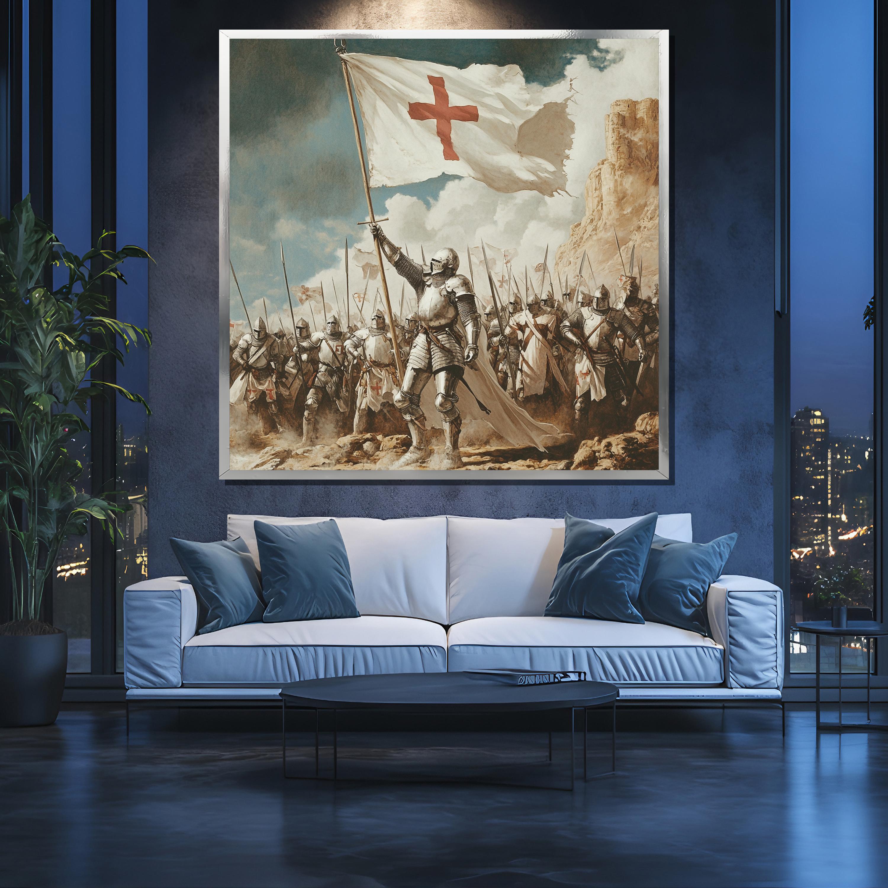 Crusader Knight Canvas Painting, Medieval Army Wall Art, Templar Flag ...