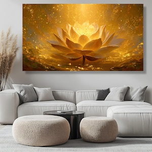 Radiant Golden Lotus Flower Canvas, Spiritual Zen Wall Art, Meditation Room Artwork, Lotus Art Print, Peaceful Home Decor, Spiritual Gift image 6