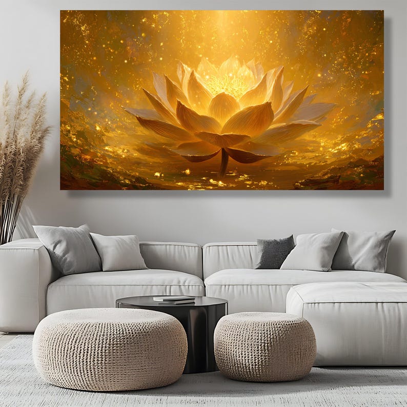 Radiant Golden Lotus Flower Canvas, Spiritual Zen Wall Art, Meditation Room Artwork, Lotus Art Print, Peaceful Home Decor, Spiritual Gift image 6