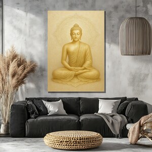 May include: A golden Buddha statue sitting in a meditative pose with hands in lap. The statue is surrounded by a mandala design and a light yellow background.