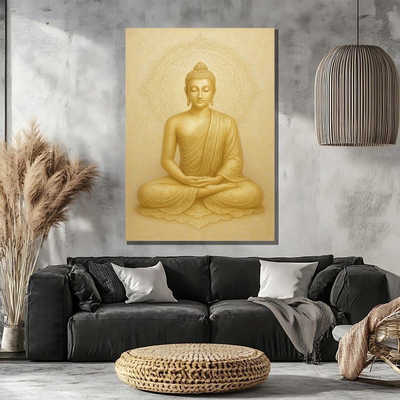 May include: A golden Buddha statue sitting in a meditative pose with hands in lap. The statue is surrounded by a mandala design and a light yellow background.