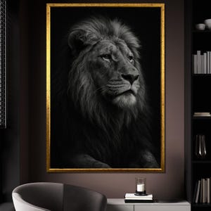 Lion Canvas Painting, Majestic Black and White Animal Portrait Wall Art, Bold Safari King Print, Masculine Decor, Art Gift Idea