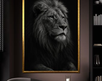 Lion Canvas Painting, Majestic Black and White Animal Portrait Wall Art, Bold Safari King Print, Masculine Decor, Art Gift Idea