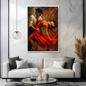 May include: A painting of a couple dancing. The man is wearing a black hat and a white shirt. The woman is wearing a red dress. The painting is done in a vibrant style with bold colors.