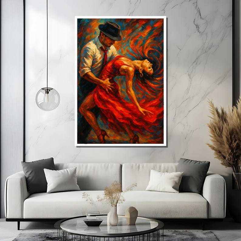 May include: A painting of a couple dancing. The man is wearing a black hat and a white shirt. The woman is wearing a red dress. The painting is done in a vibrant style with bold colors.