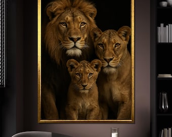 Lion Family Canvas Painting, African Wildlife Wall Decor, Majestic Animal Art Print, Safari Home Decoration, Lion Family Poster, Unique Gift