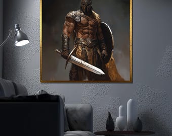 Ancient Warrior Canvas Painting, Gladiator Wall Art, Medieval Knight Decor, Fantasy Battle Artwork, Epic Warrior Canvas, Perfect Gift
