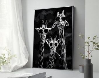 Cute Giraffe Family Wall Decor - Whimsical Giraffes with Glasses Canvas Print - Charming Wall Art for Home - Unique Housewarming Gift