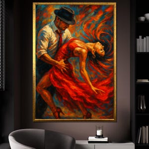 情熱的なダンスのキャンバス絵画、燃えるような動きのある赤いドレスのカップルアート、自宅やスタジオのロマンチックな壁装飾、ユニークなギフト