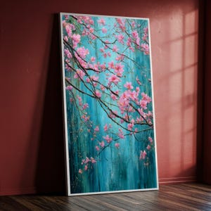 Vibrerande rosa körsbärsblommor på canvas, blommig grenmålning, vårnaturdekor, blå bakgrund på canvas, redo att hängas upp, heminredning