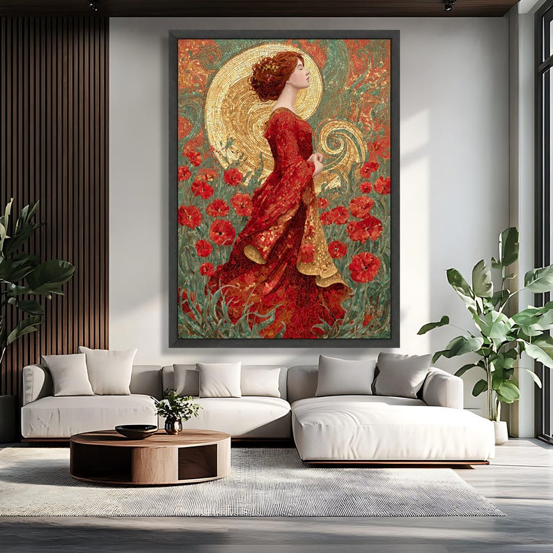 Gustav Klimt Mosaic Woman Canvas, Red Dress Floral Wall Art, Elegant ...
