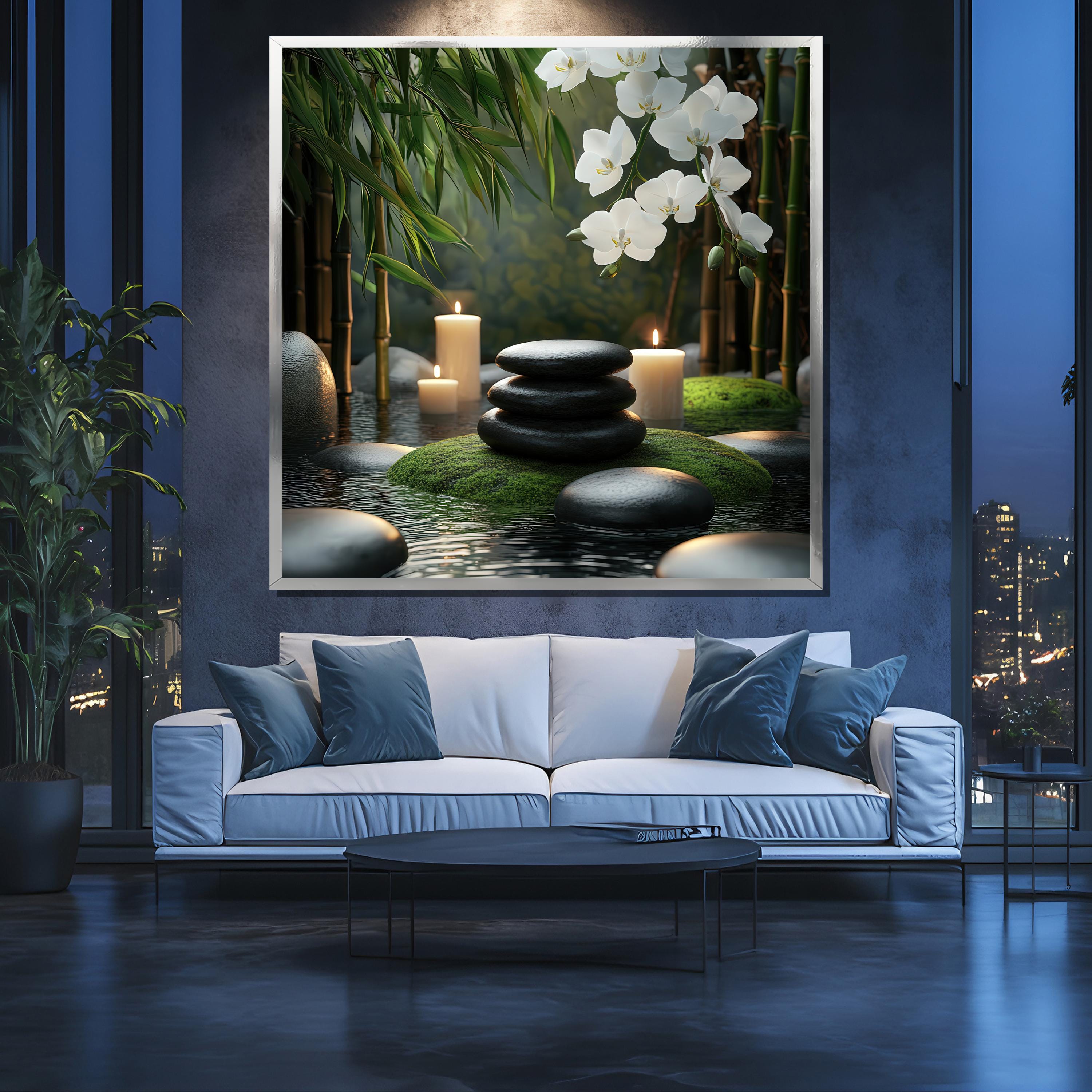 Zen Spa Canvas Painting, Orchid and Candle Wall Art, Tranquil