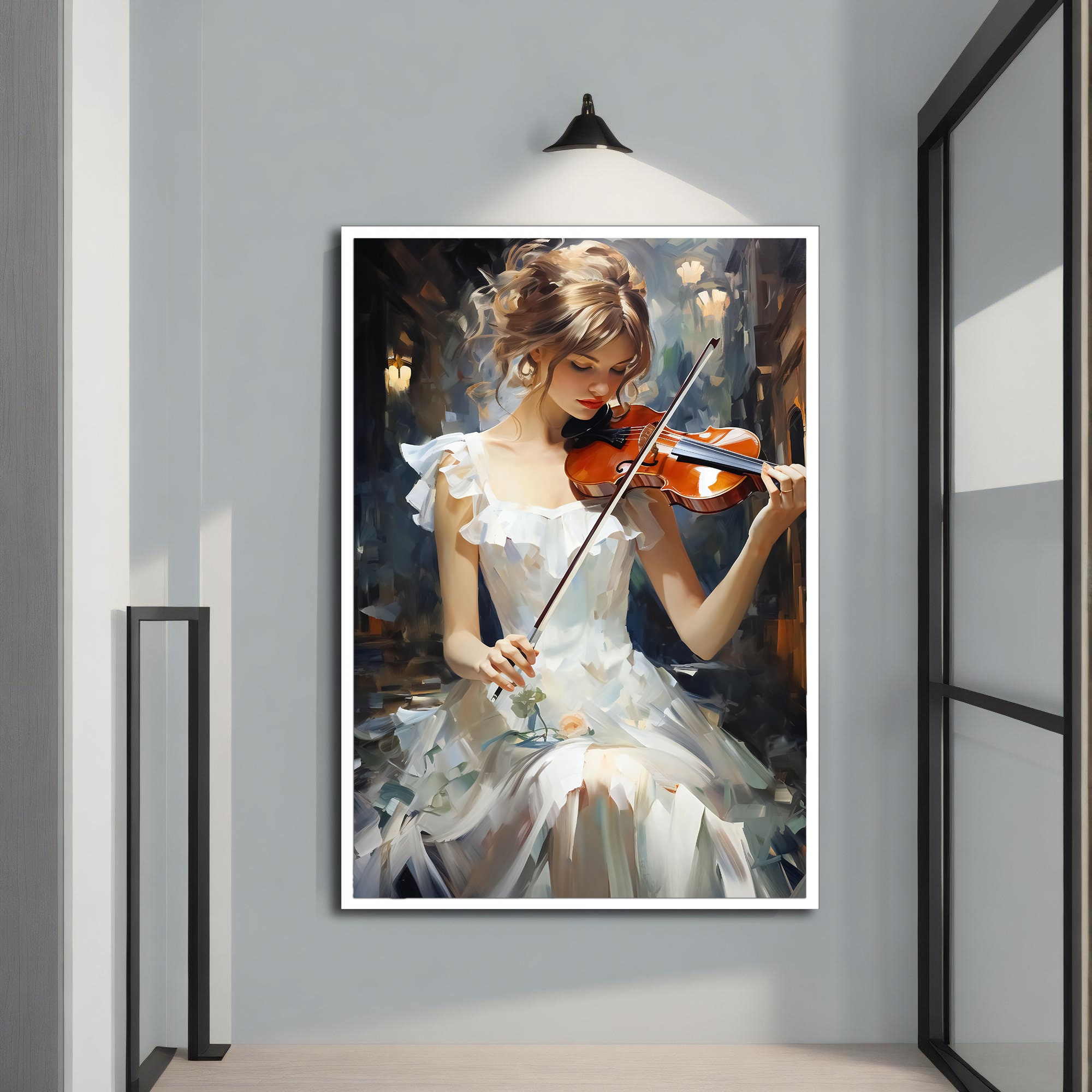 White Dress Woman Playing Violin Canvas Painting - Elegant Musical Wall ...