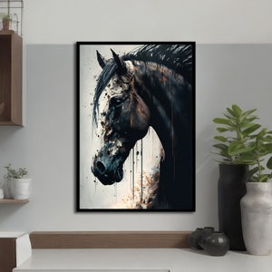May include: A black and white abstract painting of a horse's head. The horse has a white face with black spots and a black mane. The background is a white canvas with splashes of black and brown paint.