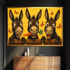 Cuadro de burro con zanahoria y mariposas, divertido arte de pared de animales para habitación infantil, lienzo de burro, regalo perfecto.