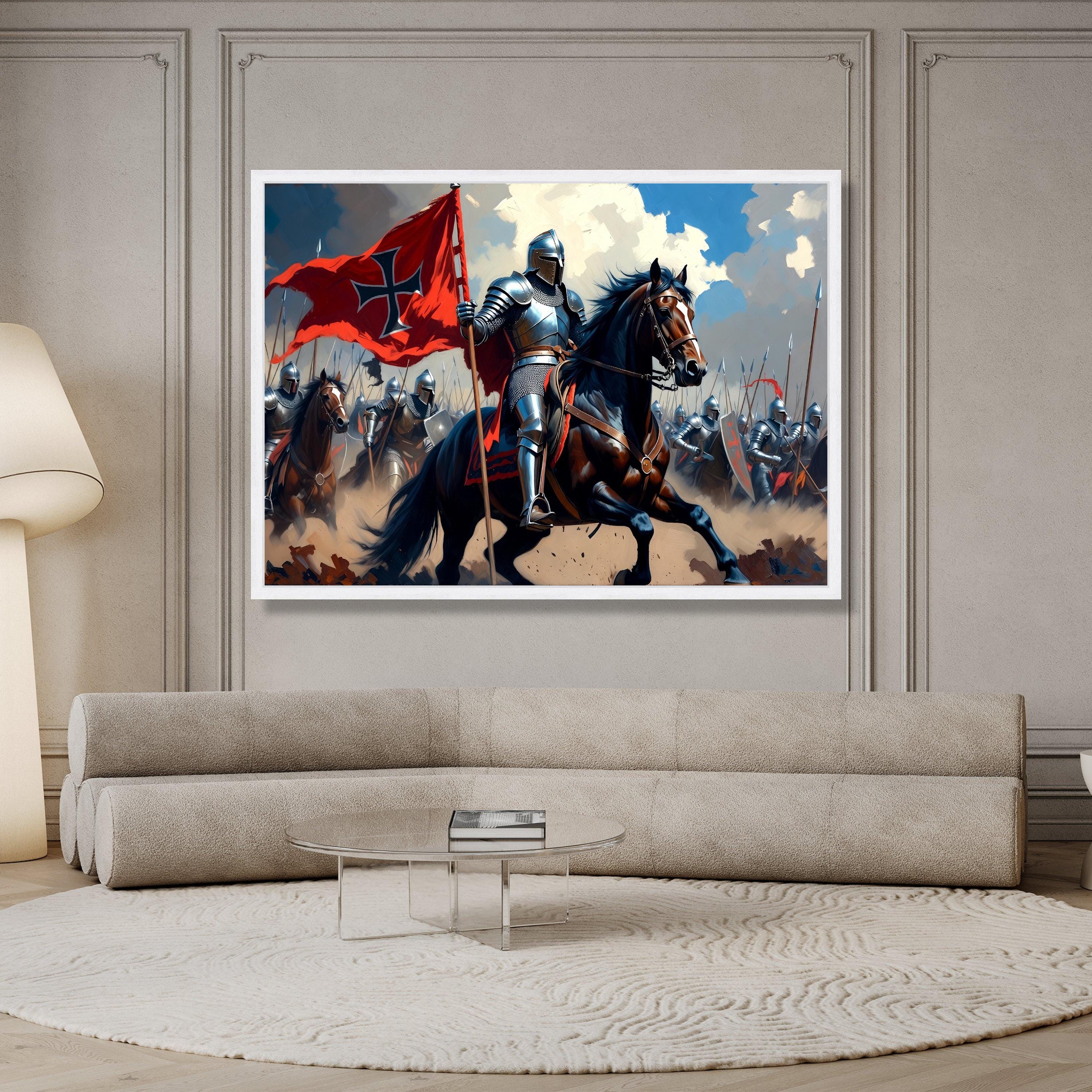 Medieval Knight Cavalry Canvas Wall Art, Armored Horse Rider, Red ...