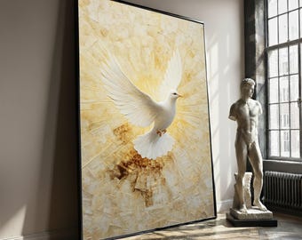 May include: Large framed artwork featuring a white dove with outstretched wings against a textured, golden background. The dove is the focal point, radiating light. The artwork is displayed in a room with a statue and a window.