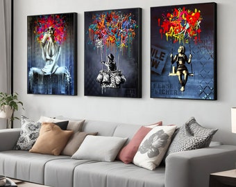 Banksy Balloon Girl Canvas Print Set - Decoración de pared de arte callejero urbano - Conjunto de 3 impresiones - Regalo de arte contemporáneo perfecto