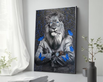 Stampa su tela con leone dagli occhi azzurri che fuma un sigaro, affascinante quadro da parete con leone uomo d'affari, decorazione per ufficio, regalo unico per gli amanti dei leoni