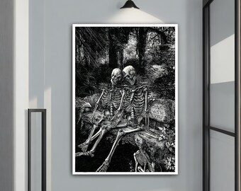 Black and White Skeleton Couple Canvas Painting - Romantic