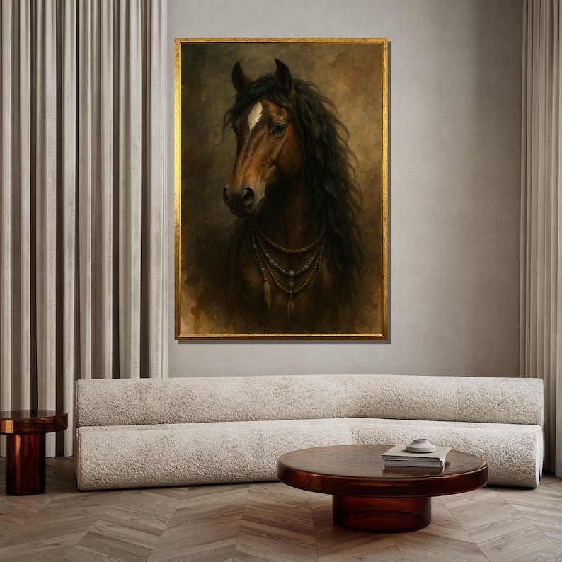 Pu&ograve; includere: Un ritratto incorniciato di un cavallo con un mantello marrone scuro e una lunga criniera nera fluente. Il cavallo &egrave; adornato da una collana di perline e piume. L'opera d'arte &egrave; incorniciata in oro e appesa sopra un divano color crema.