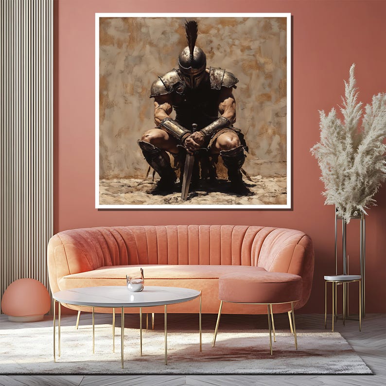 May include: A painting of a warrior in armor kneeling with a sword in his hands. The warrior is wearing a helmet with a plume and is surrounded by a brown background.