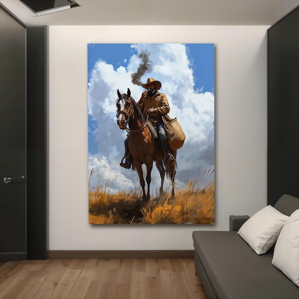 Western Cowboy Canvas Painting, Rustic Horse Rider Art, Wild West Wall ...