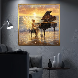 Fairy Playing Piano Canvas Painting, Magical Sunset Wall Art, Fantasy Ocean Scene, Sparkling Wings Artwork, Dreamy Art Gift