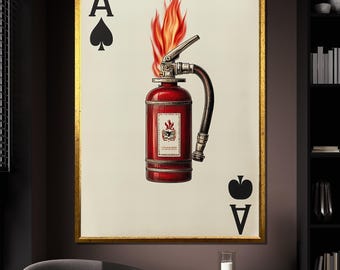 Playing Card Fire Extinguisher Canvas Painting, Modern Pop Art, Unique Wall Decor, Surreal Artwork, Perfect Gift for Gamers and Collectors
