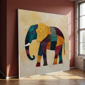 Quadro su tela con elefante patchwork colorato, decorazione astratta con animali, dipinto di animali della savana, decorazione moderna per la casa.