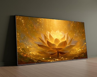 Tela con fiore di loto dorato radioso, arte murale zen spirituale, opera d'arte per la sala di meditazione, stampa artistica con fiore di loto, arredamento per la casa tranquillo, regalo spirituale
