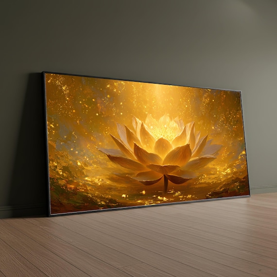 Radiant Golden Lotus Flower Canvas, Spiritual Zen Wall Art, Meditation Room Artwork, Lotus Art Print, Peaceful Home Decor, Spiritual Gift