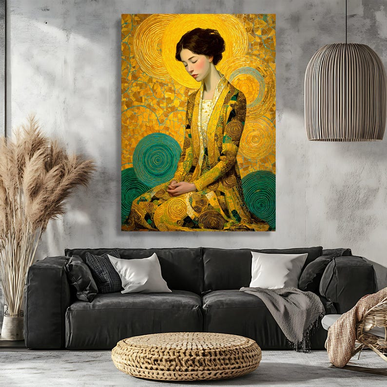 Gustav Klimt Woman in Gold Circles Canvas, Modern Art Portrait Wall Art, Abstract Mosaic Style, Luxe Home Decoration image 6