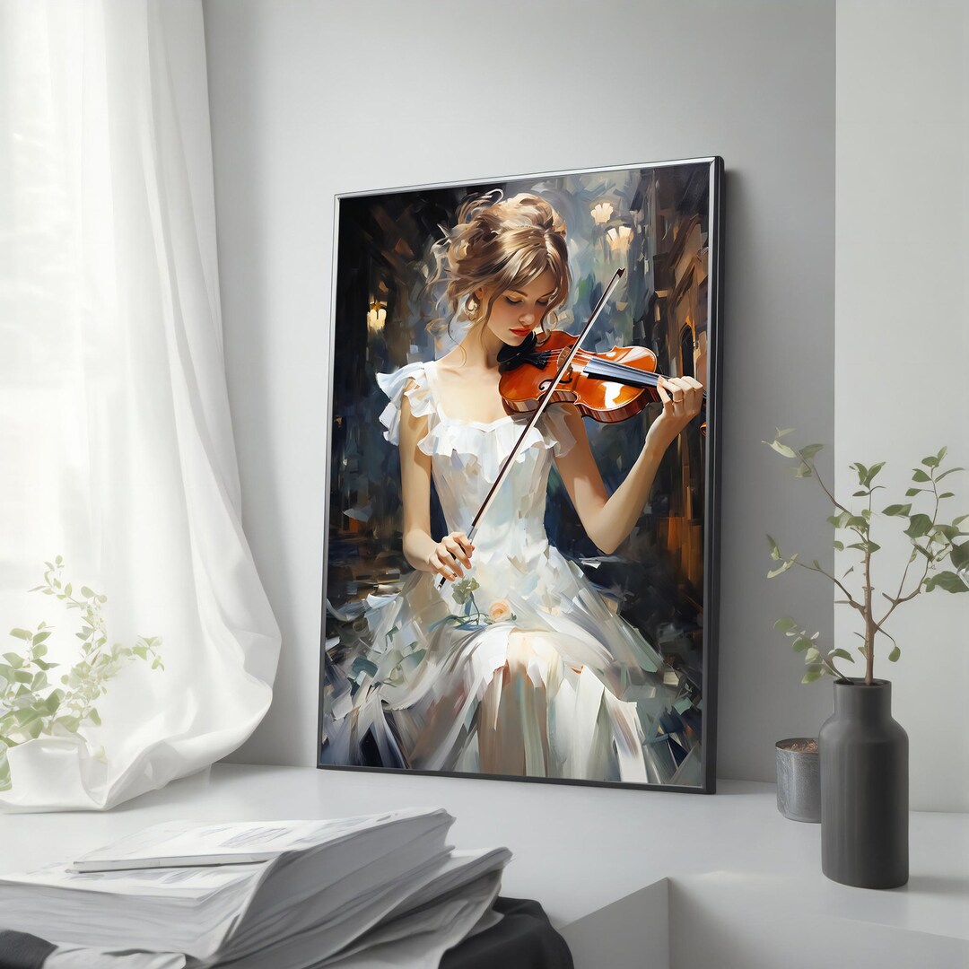 White Dress Woman Playing Violin Canvas Painting - Elegant Musical Wall ...