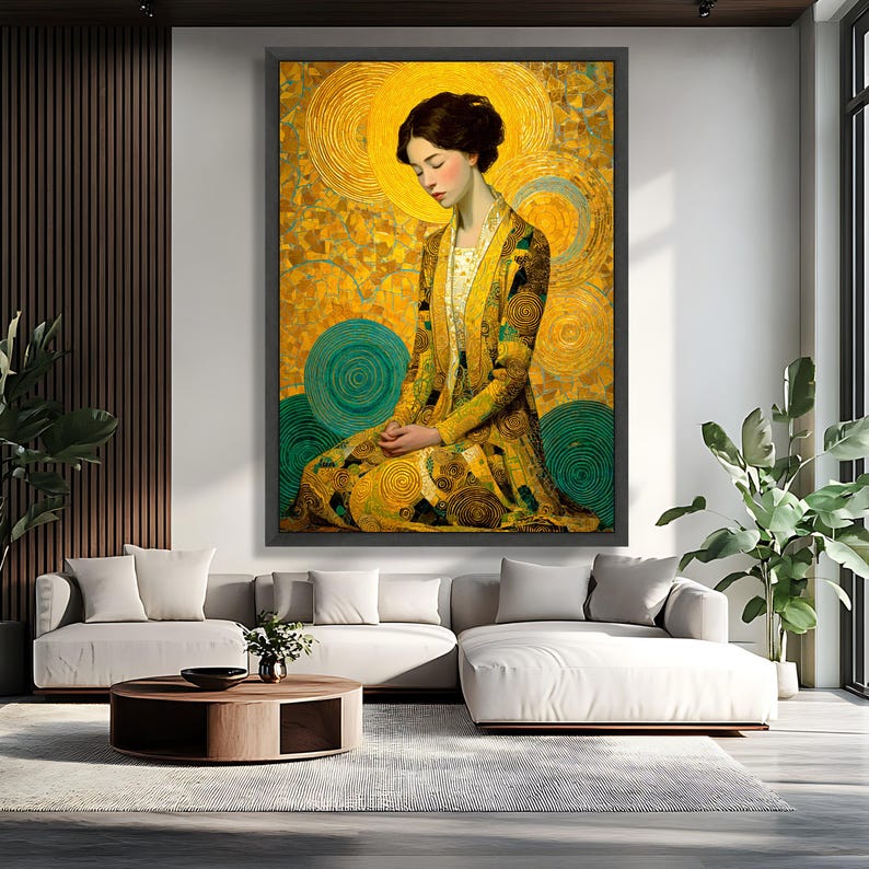 Gustav Klimt Woman in Gold Circles Canvas, Modern Art Portrait Wall Art, Abstract Mosaic Style, Luxe Home Decoration image 4