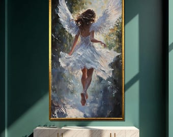 Flying Angel Canvas Painting, Guardian Angel Wall Art, Ethereal Angelic Decor, Spiritual Heaven Artwork, Gift for Home & Religious Spaces