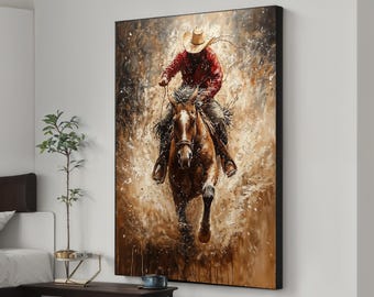 Dynamic Cowboy on Horse Canvas Painting, Western Wall Art for Home Decor, Rustic Country Style Artwork, Farmhouse Wall Art, Unique Gift Idea