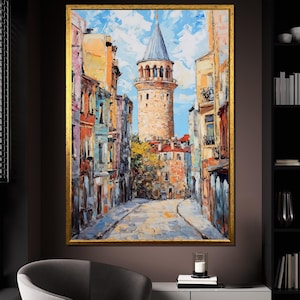 Galata Tower Canvas Painting, Istanbul Wall Art, Cityscape Print, Colorful Urban Artwork, Turkey Landmark Decor, Gift for Traveler