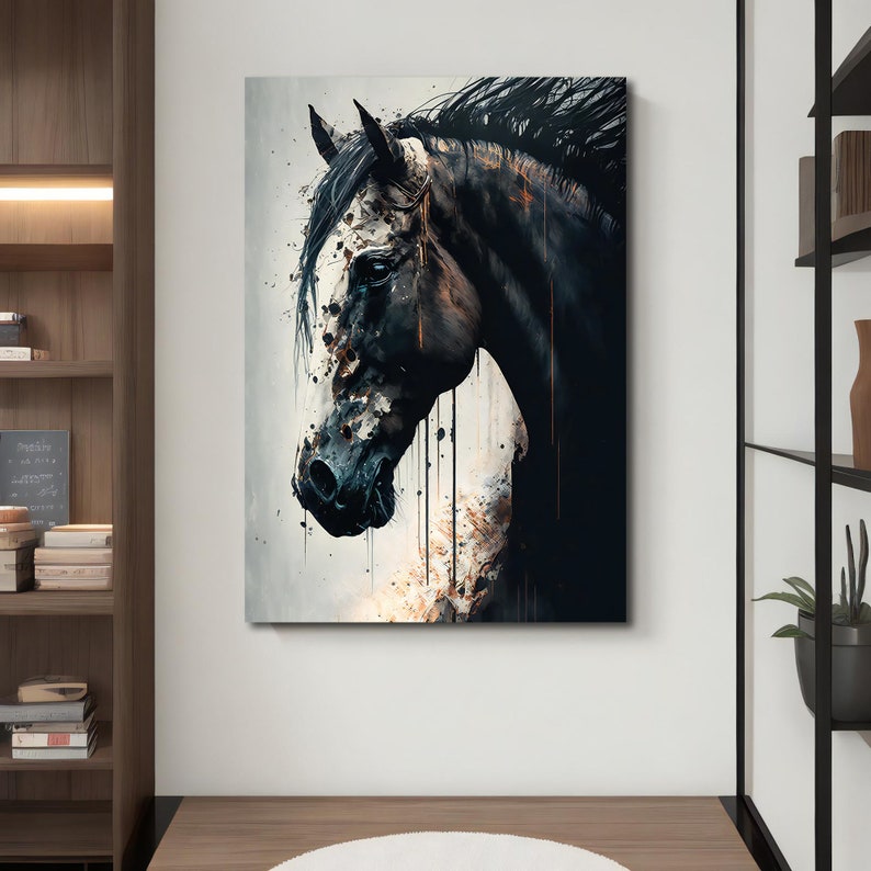 May include: A black and white horse portrait with splashes of color in the background. The horse's head is turned to the side, and its mane is flowing in the wind.