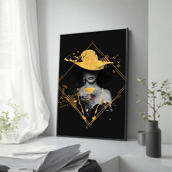 Woman with Yellow Hat Drinking Martini Canvas Painting, Chic Mysterious Lady Wall Decor, Fashionista Gift