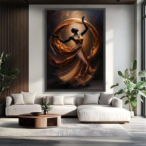 Elegant African Woman Dancing Canvas, Flowing Dress Wall Art, Ethnic Fashion Portrait, Modern Home Decor Canvas, Graceful Movement Painting image 4
