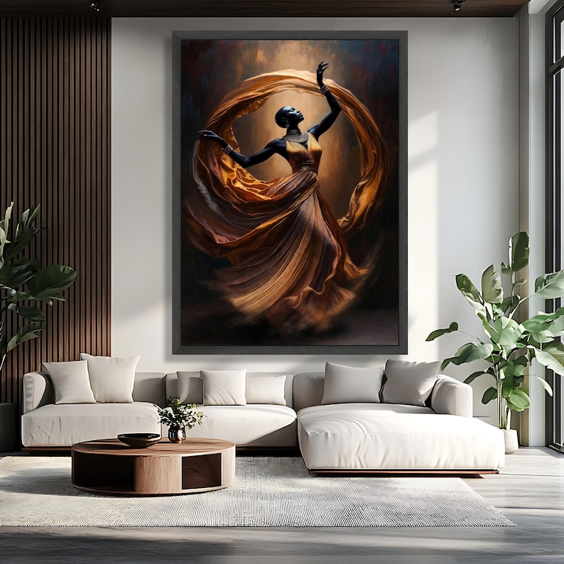 Elegant African Woman Dancing Canvas, Flowing Dress Wall Art, Ethnic Fashion Portrait, Modern Home Decor Canvas, Graceful Movement Painting image 4