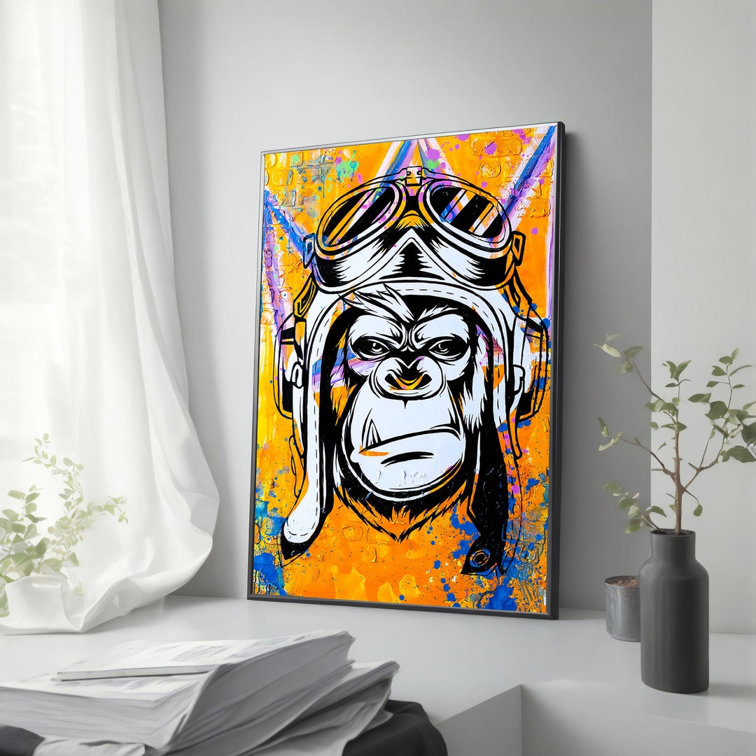 Pilot Monkey Canvas Painting - Urban Graffiti Monkey Wall Art for