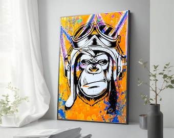 Pilot Monkey Canvas Painting - Urban Graffiti Monkey Wall Art for