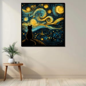 May include: A framed art print depicting a black cat silhouette overlooking a village under a swirling night sky. The artwork features a palette of blues, yellows, and blacks, reminiscent of Van Gogh's style. The cat is perched on a hill, with the village lights glowing.