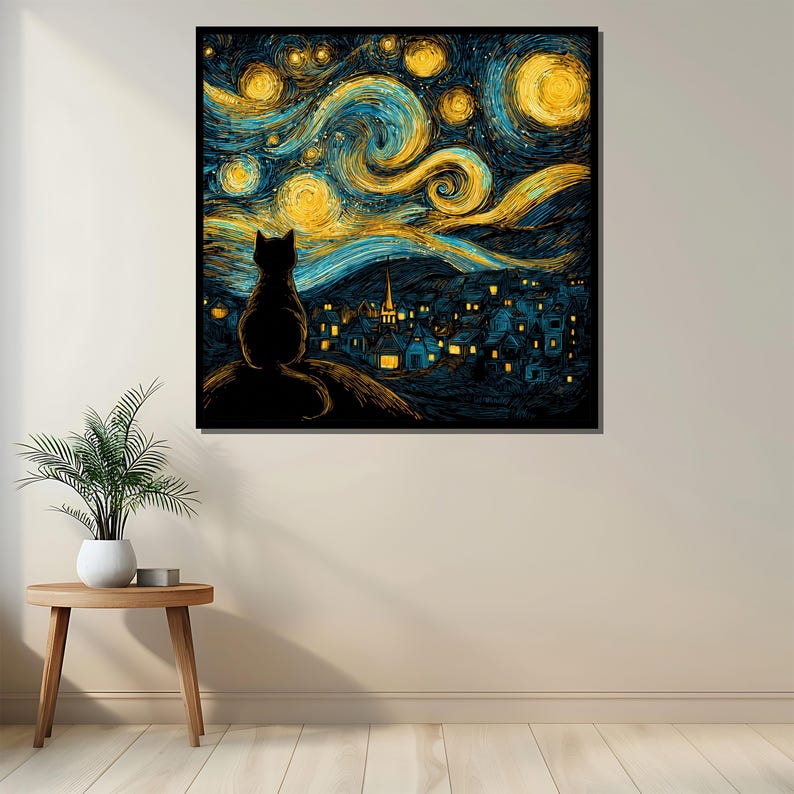 May include: A framed art print depicting a black cat silhouette overlooking a village under a swirling night sky. The artwork features a palette of blues, yellows, and blacks, reminiscent of Van Gogh's style. The cat is perched on a hill, with the village lights glowing.