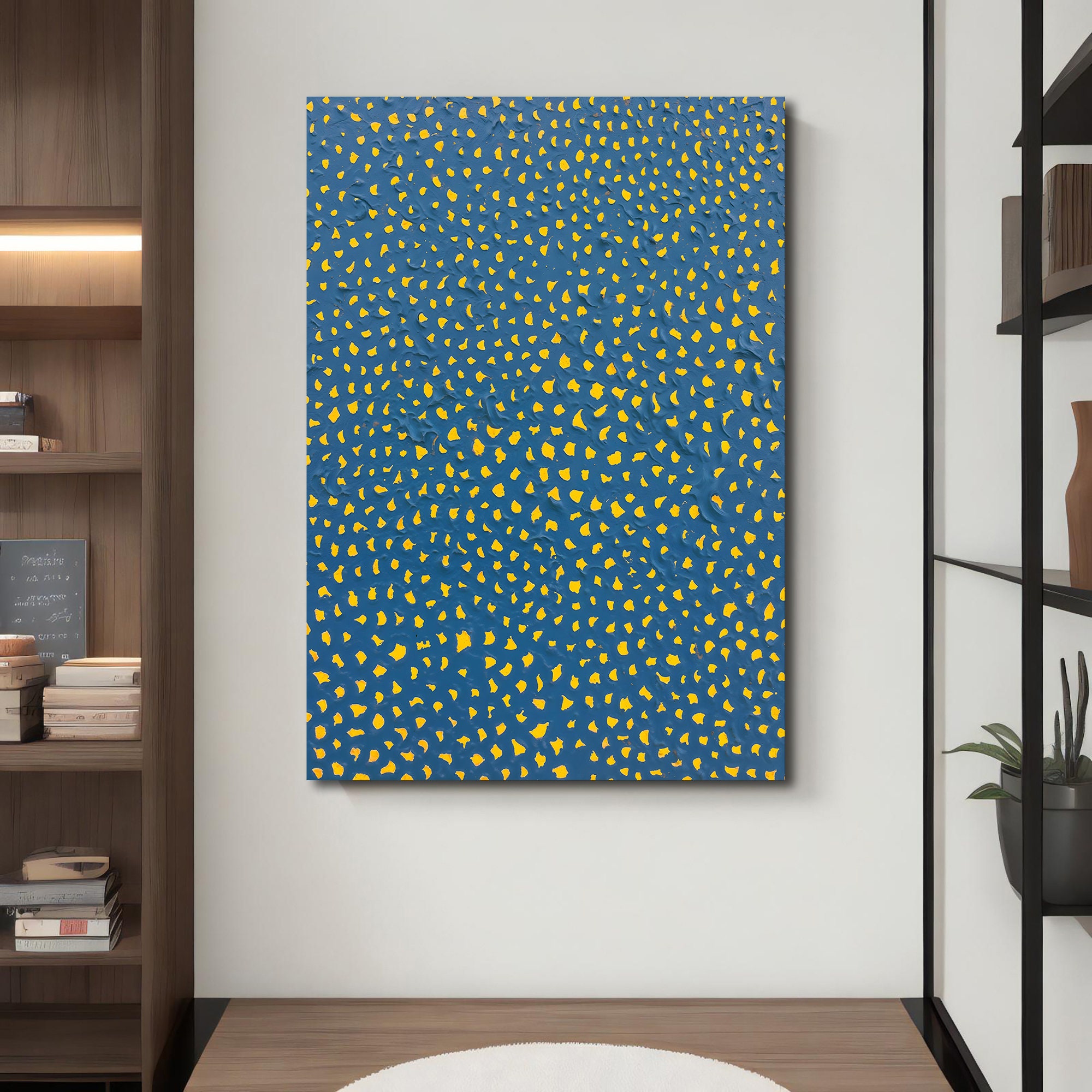 Blue and Yellow Abstract Canvas Painting, Modern Dot Painting ...