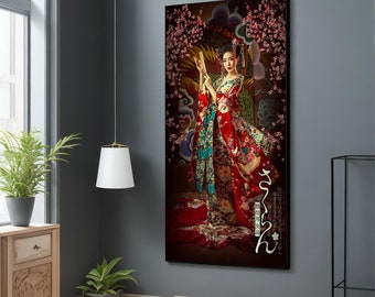 Dancing Geisha in Japanese Kimono Canvas Painting, Ancient Temple Motifs Art, Kimono Wall Art, Japanese Woman Wall Decor, Sakura Flowers Art